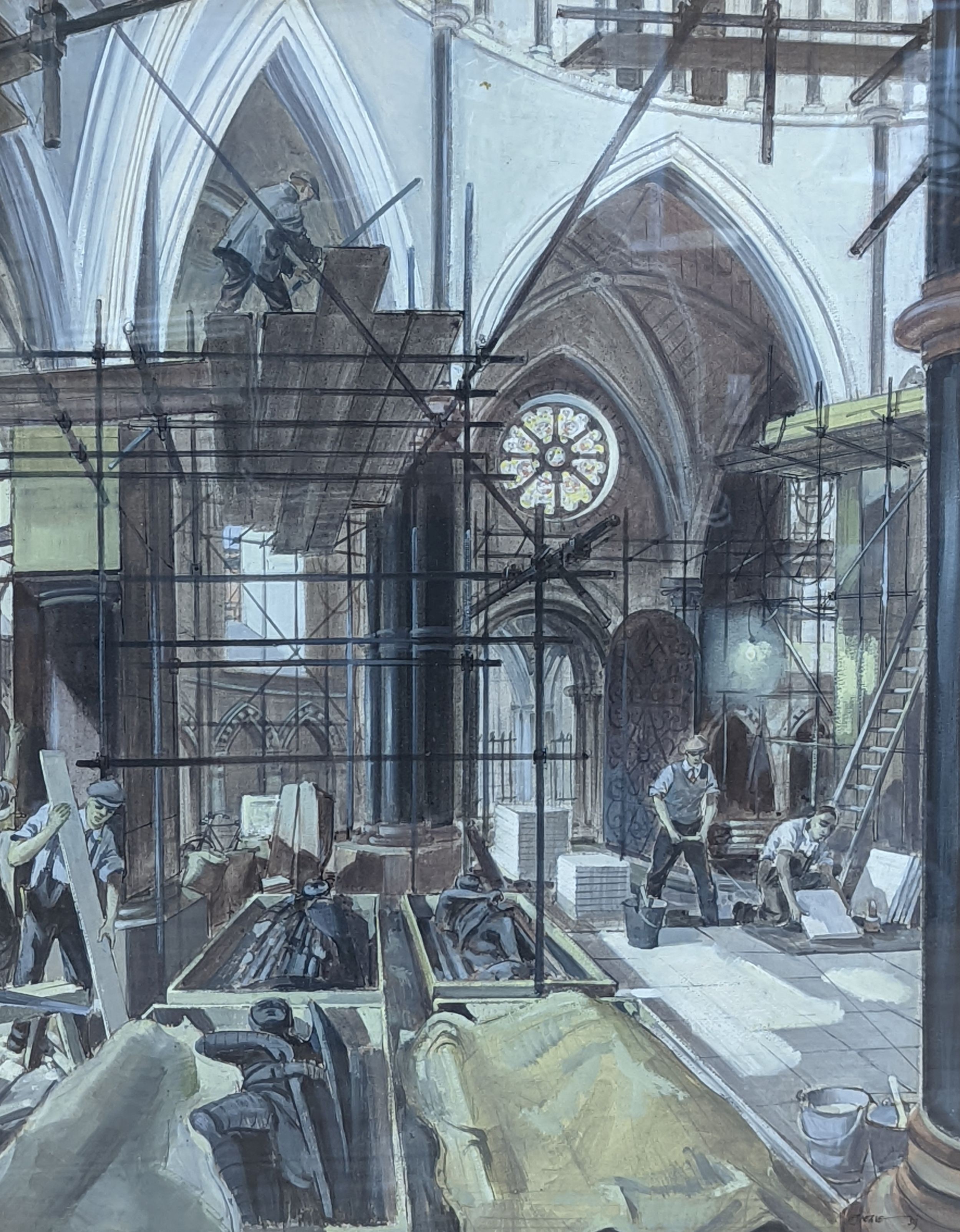 Henry James Neave (1911-1971), watercolour, Workmen inside St Pauls, signed and dated '59, 53 x 43cm
